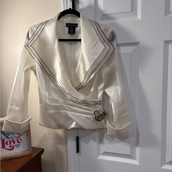 Vintage Cachet Women's Shimmer Sheer 90s Formal Jacket Cream & Black Size 4 - Picture 2 of 4